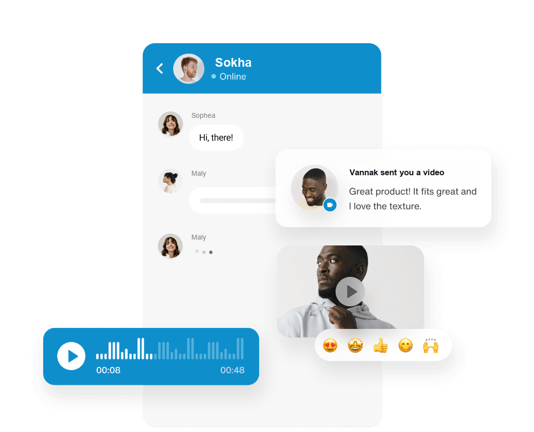 Chat UI with messaging, voice, video, and reactions